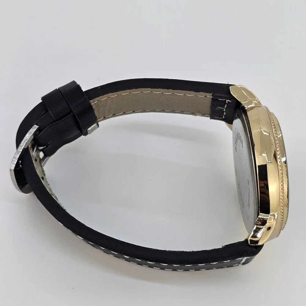 Men's Watch 44MM Black Dial New‎ Black Faux Leather Bands New Battery